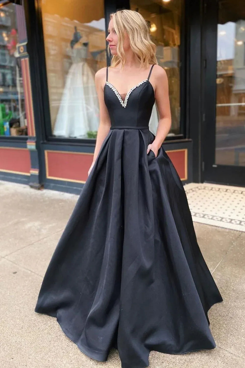 Black Satin V-Neck Beaded Spaghetti-Strap A-Line Ball Gown with Pockets & Lace-Up Back