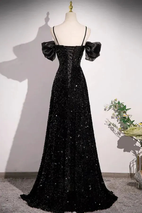 Black Sequin Off-the-Shoulder Puff Sleeve Gown with Lace-Up Back
