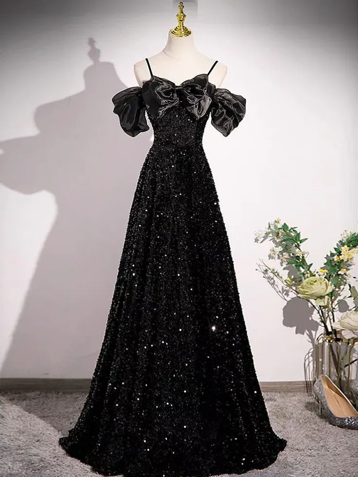 Black Sequin Off-the-Shoulder Puff Sleeve Gown with Lace-Up Back