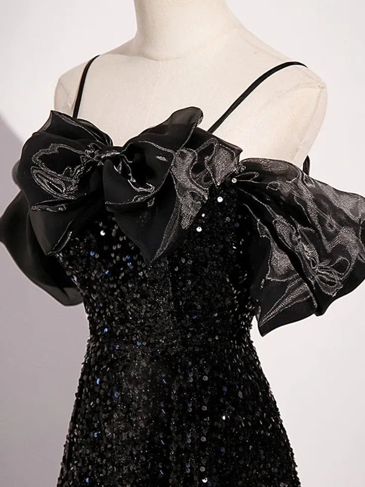 Black Sequin Off-the-Shoulder Puff Sleeve Gown with Lace-Up Back