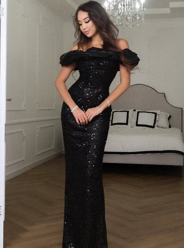 Black Sequin Off-the-Shoulder Ruffle Mermaid Gown – Evening Prom Wedding Dress