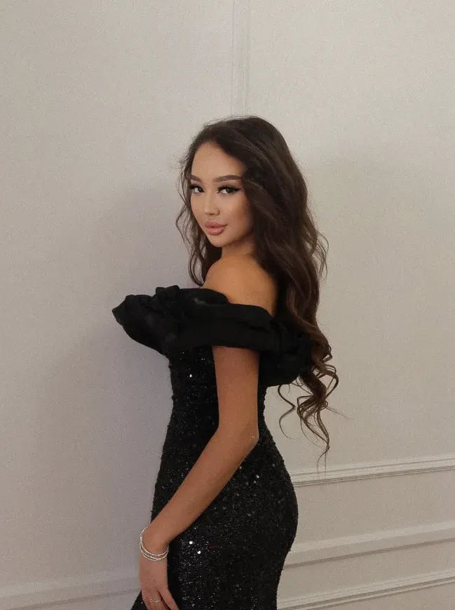 Black Sequin Off-the-Shoulder Ruffle Mermaid Gown – Evening Prom Wedding Dress