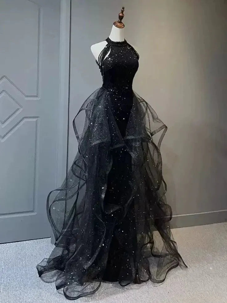 Black Sequin Tulle High-Neck Gown with Ruffled Layers