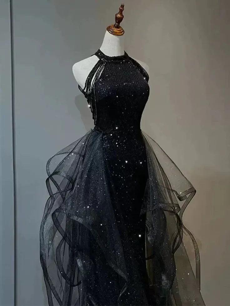 Black Sequin Tulle High-Neck Gown with Ruffled Layers