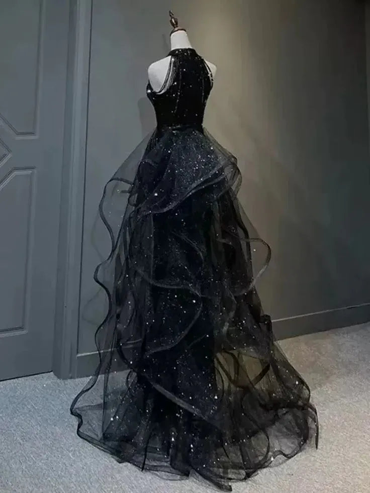 Black Sequin Tulle High-Neck Gown with Ruffled Layers