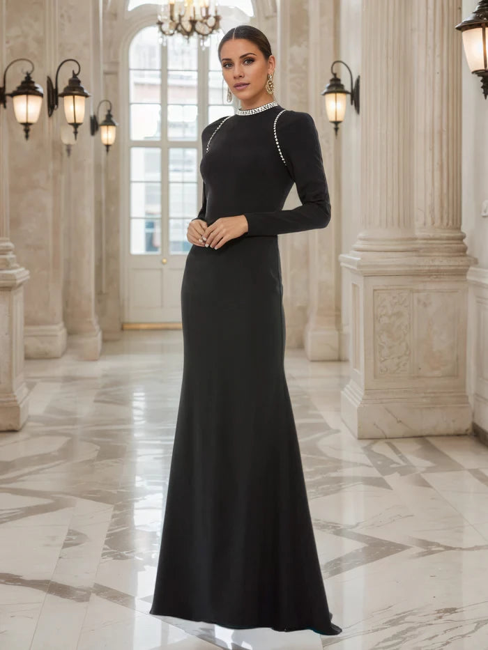 Black Sheath Beaded Neckline Long Sleeves Women's Gown Mother of the Bride Dresses
