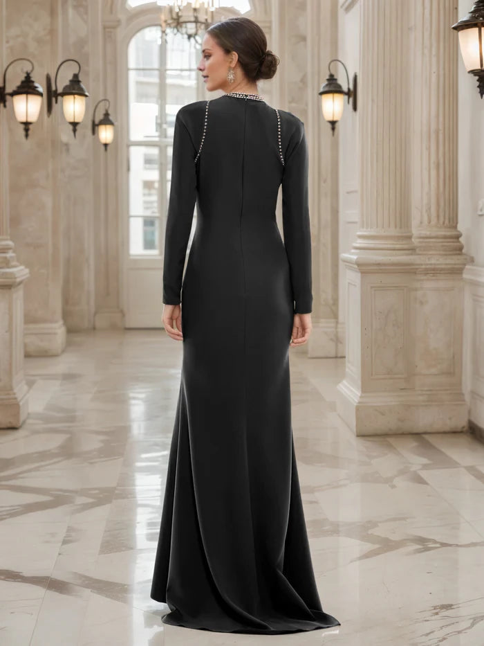 Black Sheath Beaded Neckline Long Sleeves Women's Gown Mother of the Bride Dresses