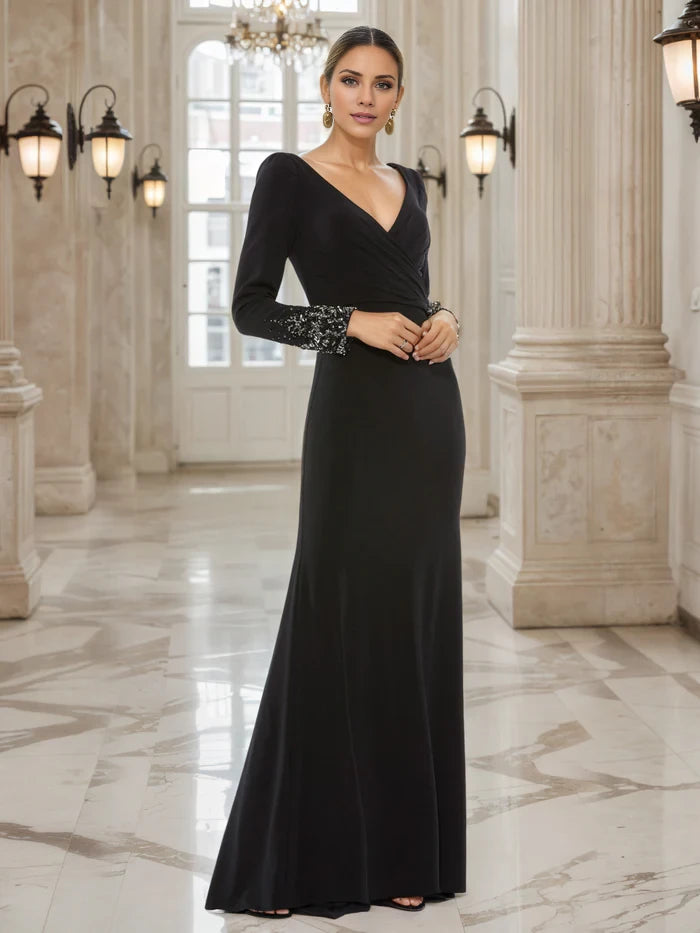 Black Sheath V-Neck Long Embellished Sleeves Mother of the Bride Dresses