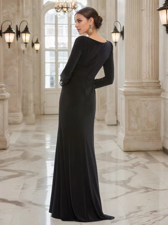 Black Sheath V-Neck Long Embellished Sleeves Mother of the Bride Dresses