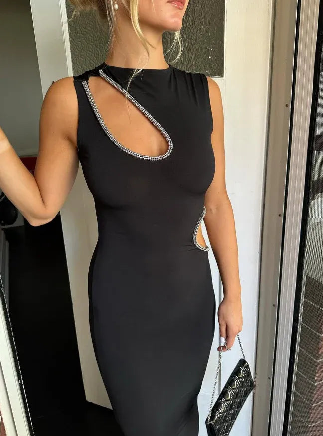 Black Sleeveless Cutout Rhinestone-Trimmed Maxi Dress