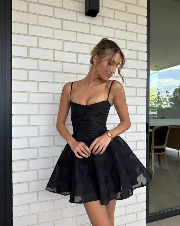 Black Spaghetti-Strap Corset Fit-and-Flare Mini Dress with Lace-Up Back