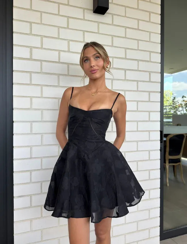 Black Spaghetti-Strap Corset Fit-and-Flare Mini Dress with Lace-Up Back