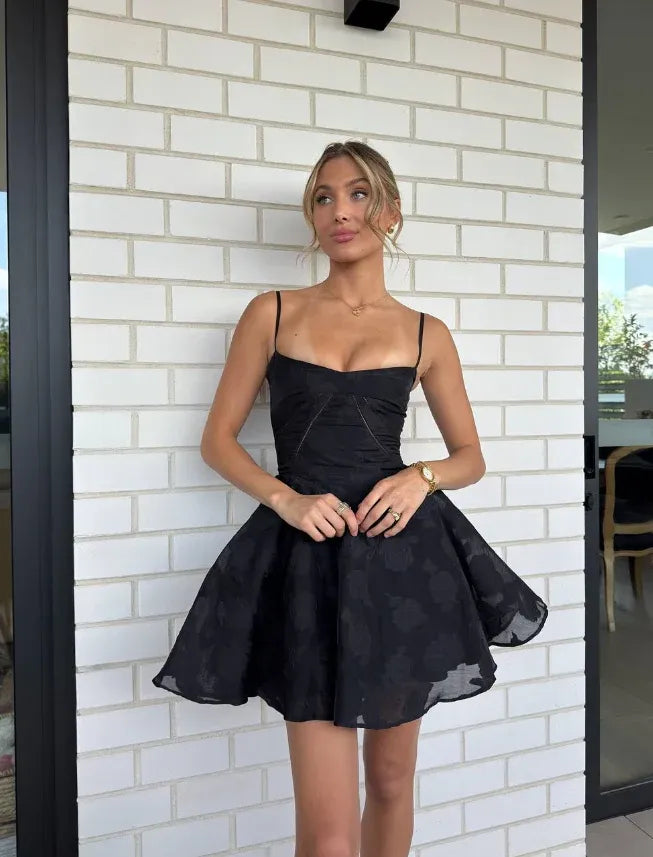 Black Spaghetti-Strap Corset Fit-and-Flare Mini Dress with Lace-Up Back