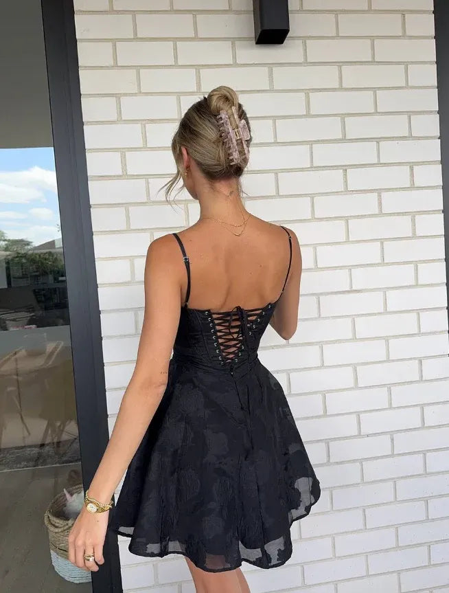 Black Spaghetti-Strap Corset Fit-and-Flare Mini Dress with Lace-Up Back