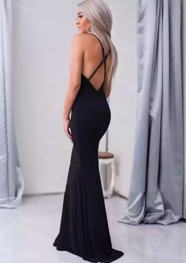 Black Spaghetti-Strap Crisscross-Back Mermaid Gown – Sleek & Alluring Evening Party Dress