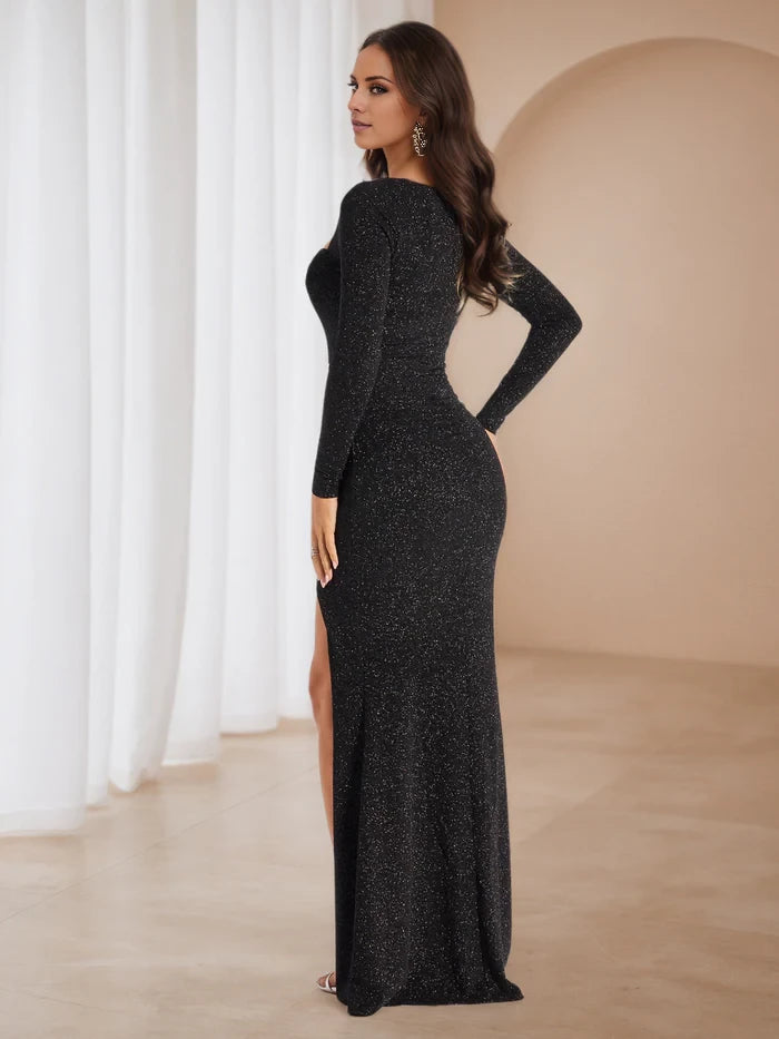 Black Square Neckline Long Sleeves Sweep Brush Train Prom Dresses
