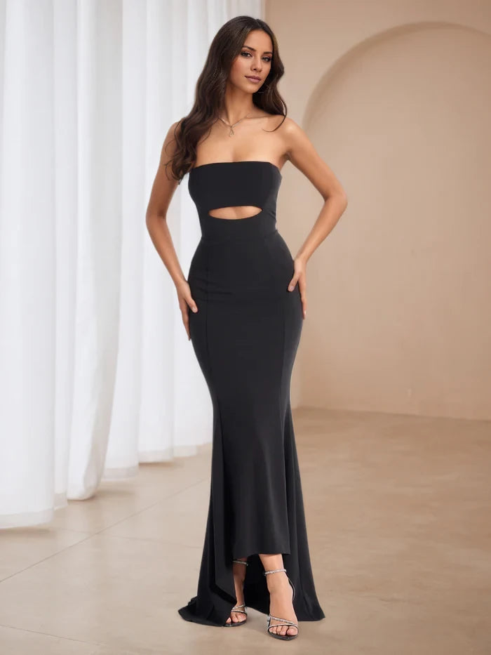 Black Strapless Cut-Out Sweep Brush Train Prom Dresses