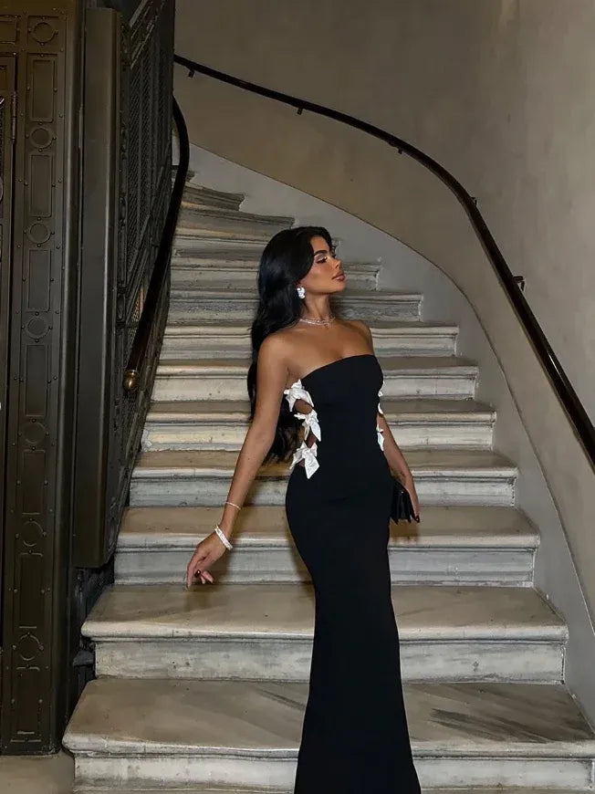 Black Strapless Mermaid Maxi Gown with White Bow Cutout Details