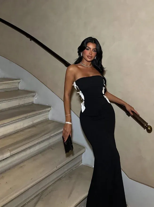 Black Strapless Mermaid Maxi Gown with White Bow Cutout Details