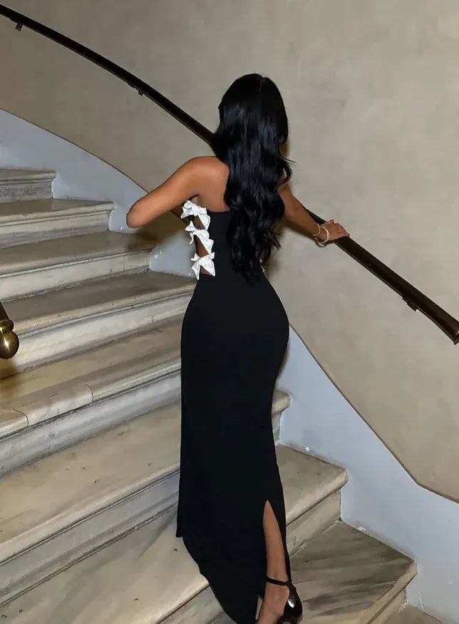 Black Strapless Mermaid Maxi Gown with White Bow Cutout Details