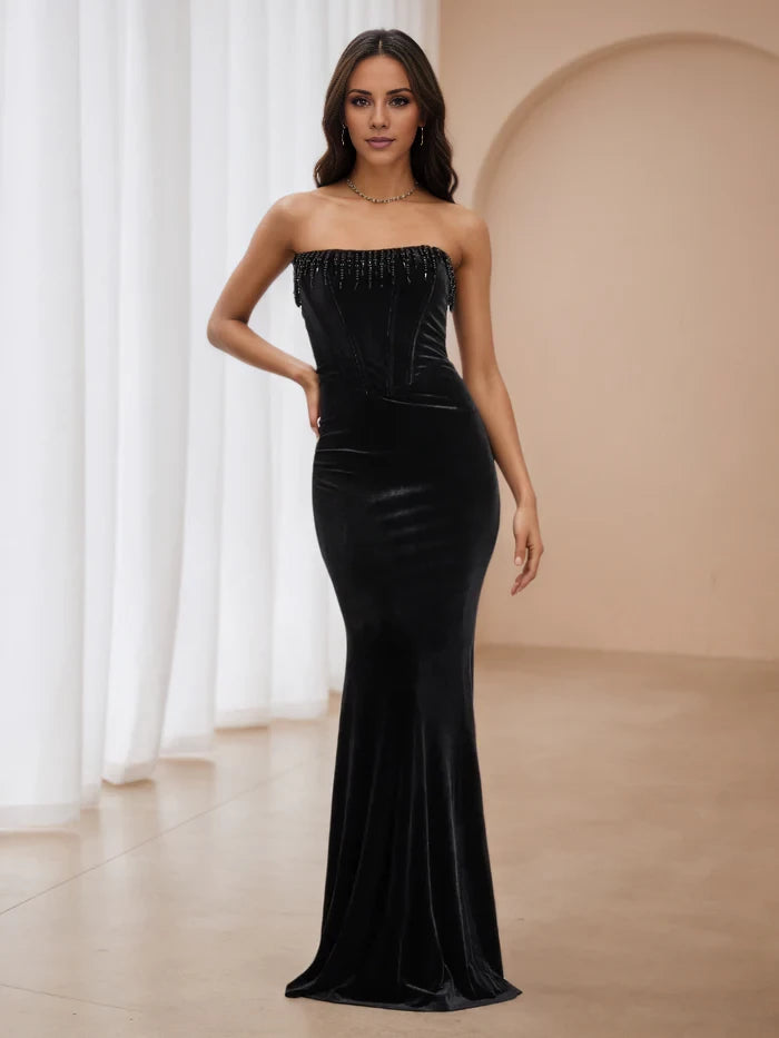 Black Strapless Velvet Dresses Trumpet Mermaid Prom Dresses