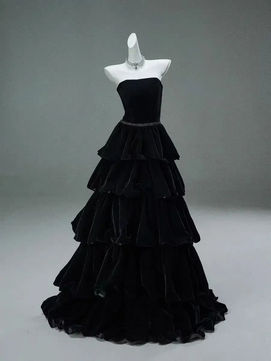 Black Strapless Velvet Tiered Ball Gown with Lace-Up Back