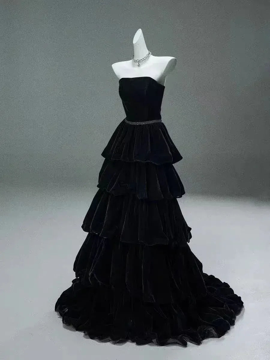 Black Strapless Velvet Tiered Ball Gown with Lace-Up Back