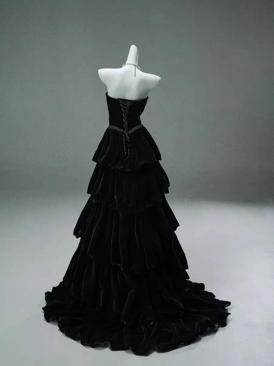Black Strapless Velvet Tiered Ball Gown with Lace-Up Back