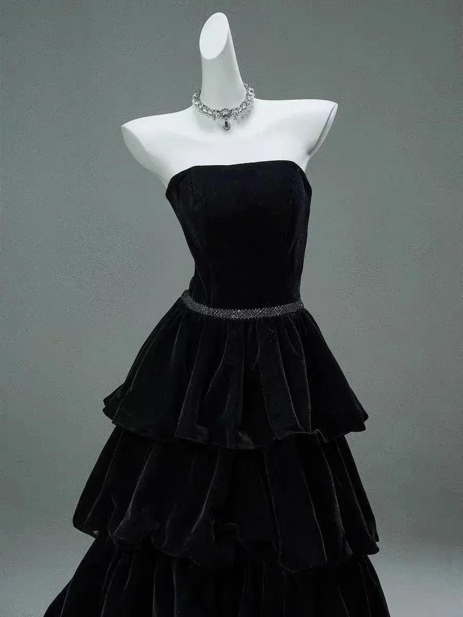 Black Strapless Velvet Tiered Ball Gown with Lace-Up Back
