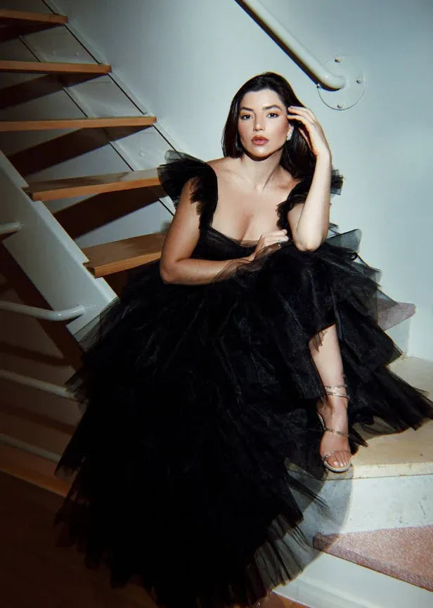 Black Tulle Ruffle Sleeve Tiered Ball Gown – Corset Formal Evening Prom Dress
