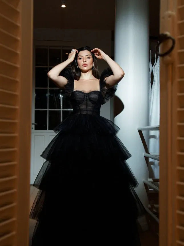 Black Tulle Ruffle Sleeve Tiered Ball Gown – Corset Formal Evening Prom Dress