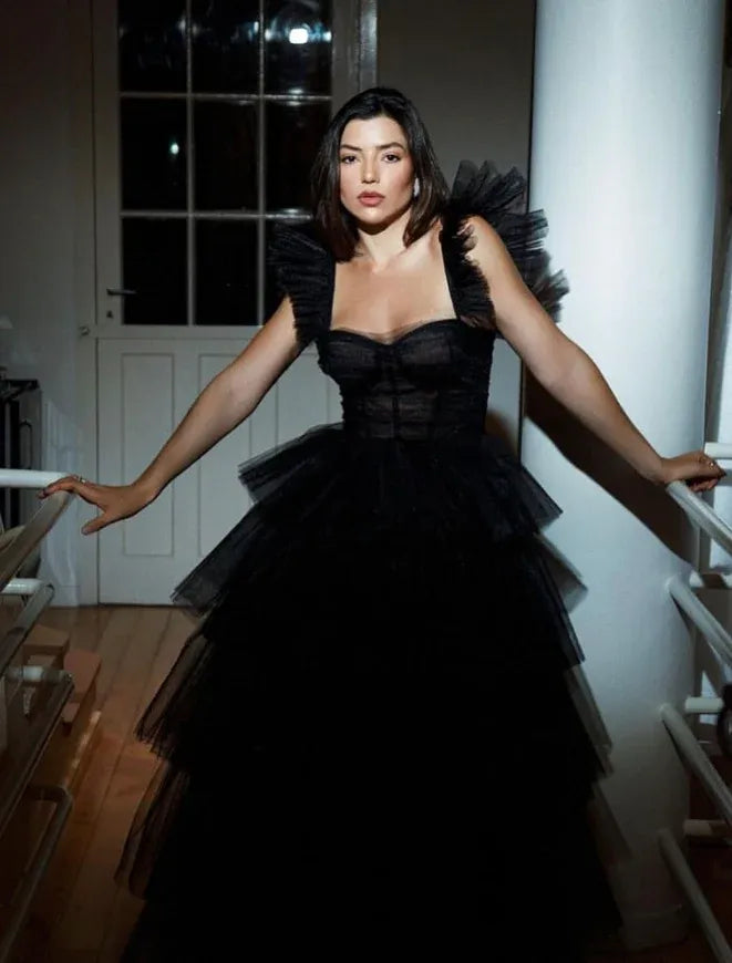 Black Tulle Ruffle Sleeve Tiered Ball Gown – Corset Formal Evening Prom Dress