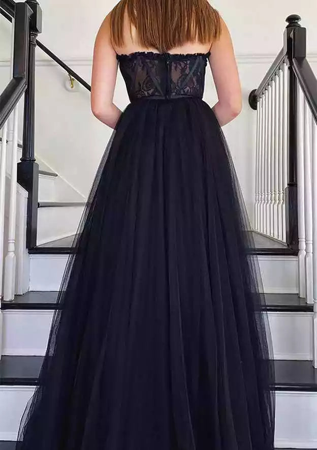 Black Tulle Strapless Ball Gown with Lace Bodice – Romantic & Sophisticated Evening Party Dress