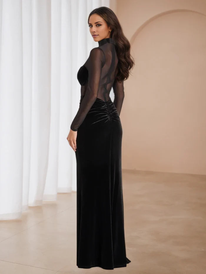 Black Velvet And Mesh Long Sleeve Mermaid Prom Dresses
