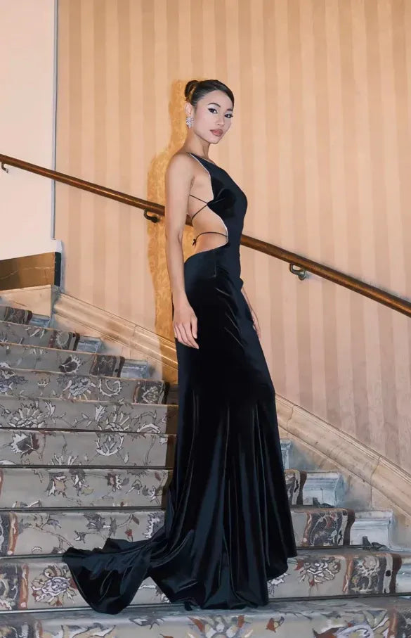 Black Velvet Halter Cut-Out Open Back Mermaid Gown