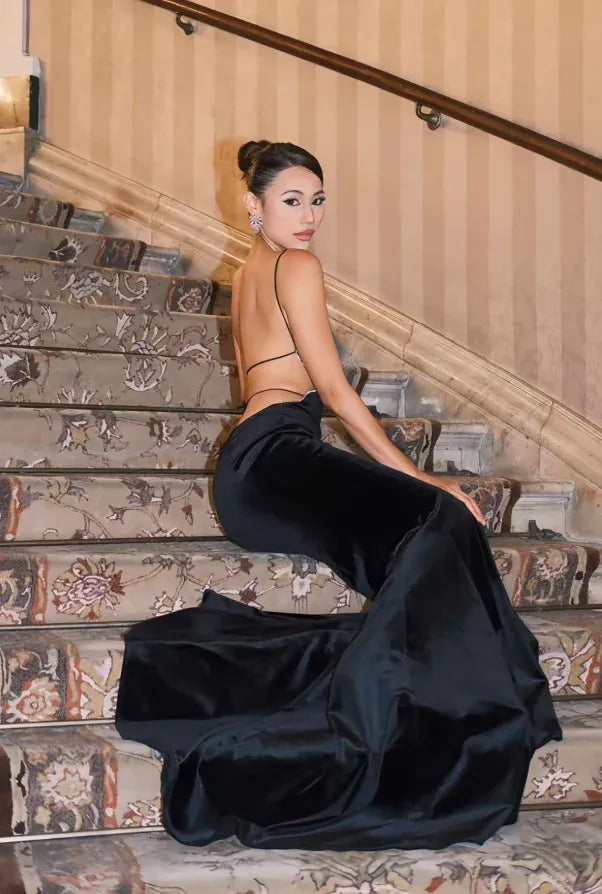 Black Velvet Halter Cut-Out Open Back Mermaid Gown