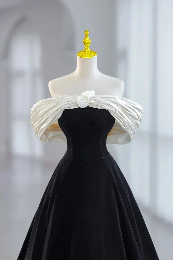 Black Velvet Off-The-Shoulder Ball Gown with White Satin Draped Overlay & 3D Rose Detail