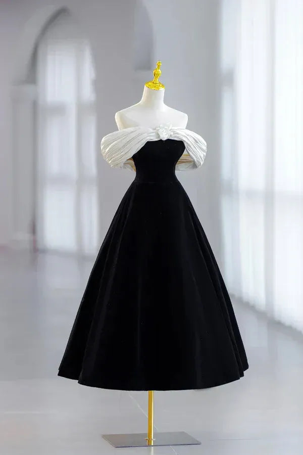 Black Velvet Off-The-Shoulder Ball Gown with White Satin Draped Overlay & 3D Rose Detail
