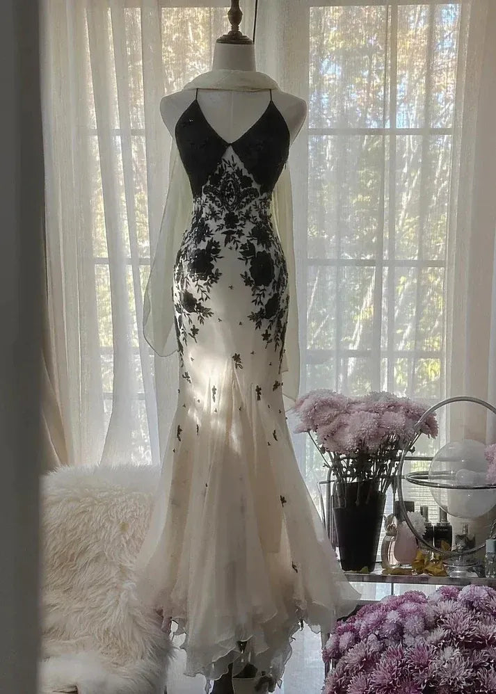 Black & Ivory Floral Lace Halter V-Neck Mermaid Gown with Open Back