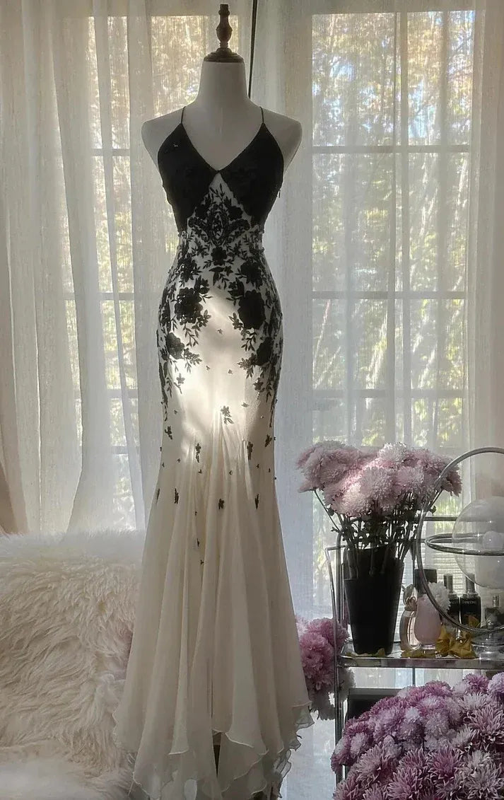 Black & Ivory Floral Lace Halter V-Neck Mermaid Gown with Open Back