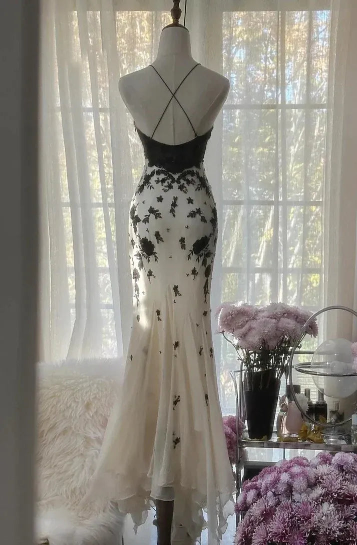 Black & Ivory Floral Lace Halter V-Neck Mermaid Gown with Open Back