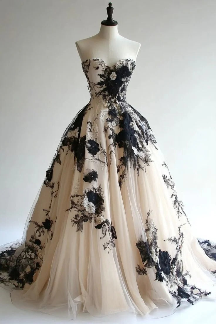 Black & Ivory Floral Lace Strapless A-Line Ball Gown with Train