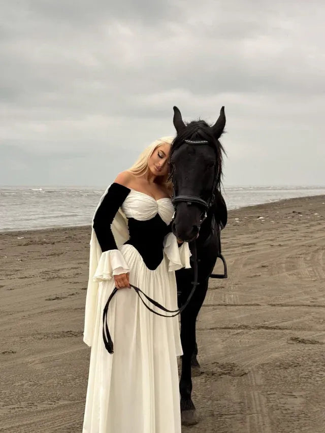 Black & White Off-Shoulder Medieval Gown – Ruffle Sleeve Chiffon Formal Dress with Cape
