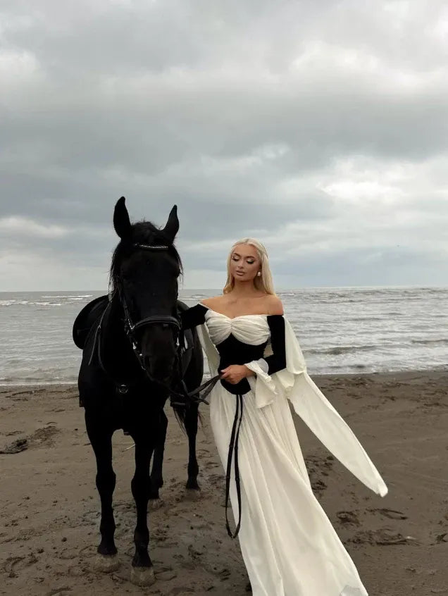 Black & White Off-Shoulder Medieval Gown – Ruffle Sleeve Chiffon Formal Dress with Cape