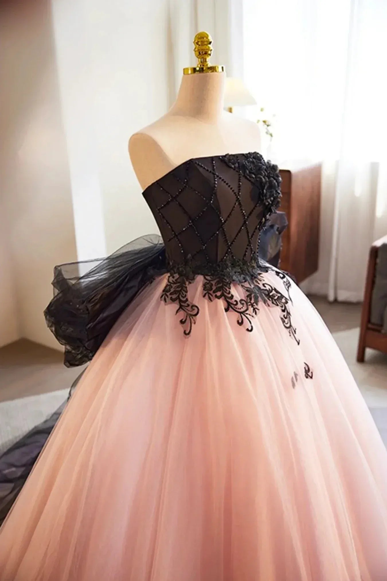 Black and Blush Pink Strapless Lace Appliqué Tulle A-Line Ball Gown with Oversized Bow