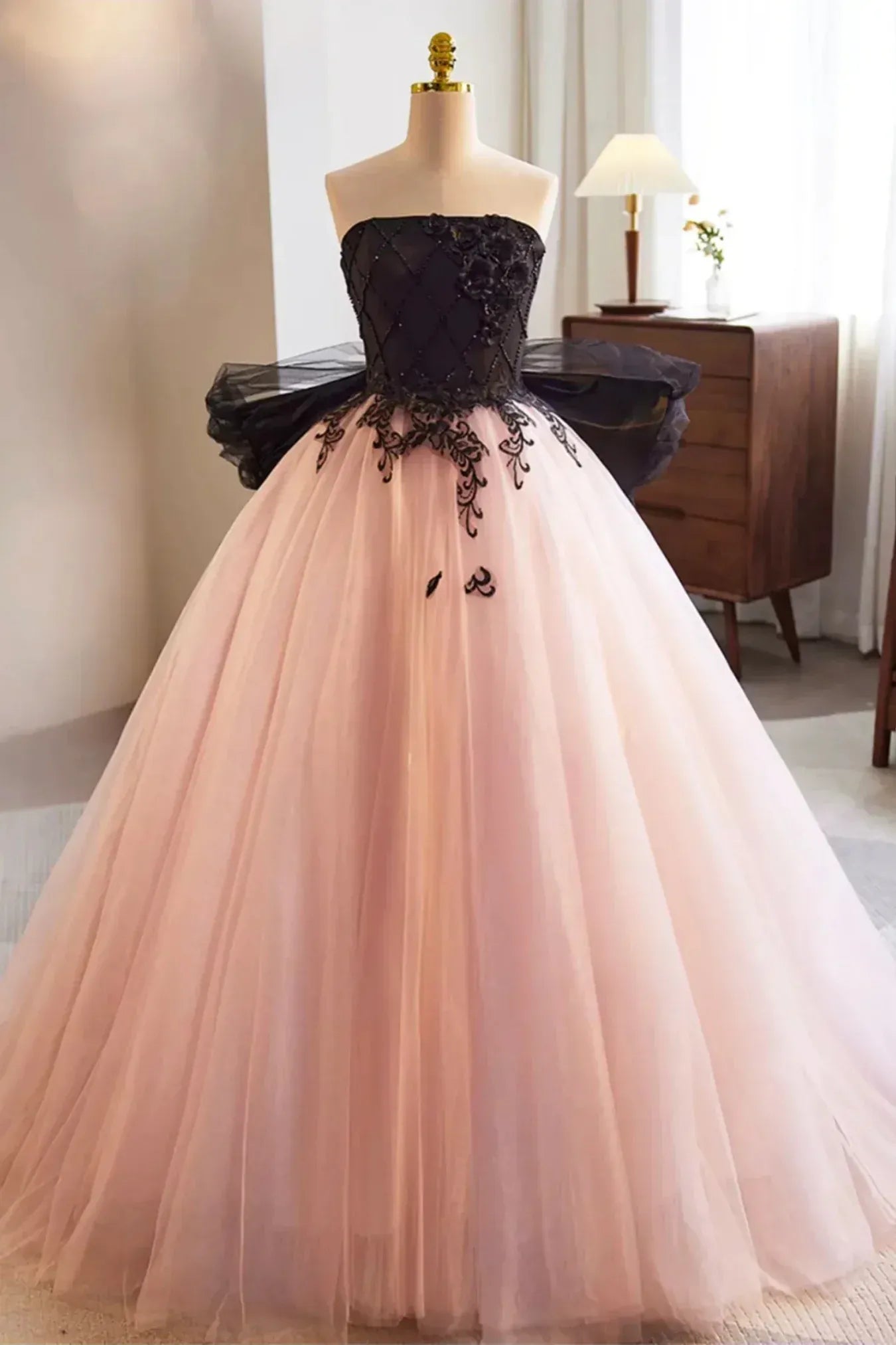 Black and Blush Pink Strapless Lace Appliqué Tulle A-Line Ball Gown with Oversized Bow