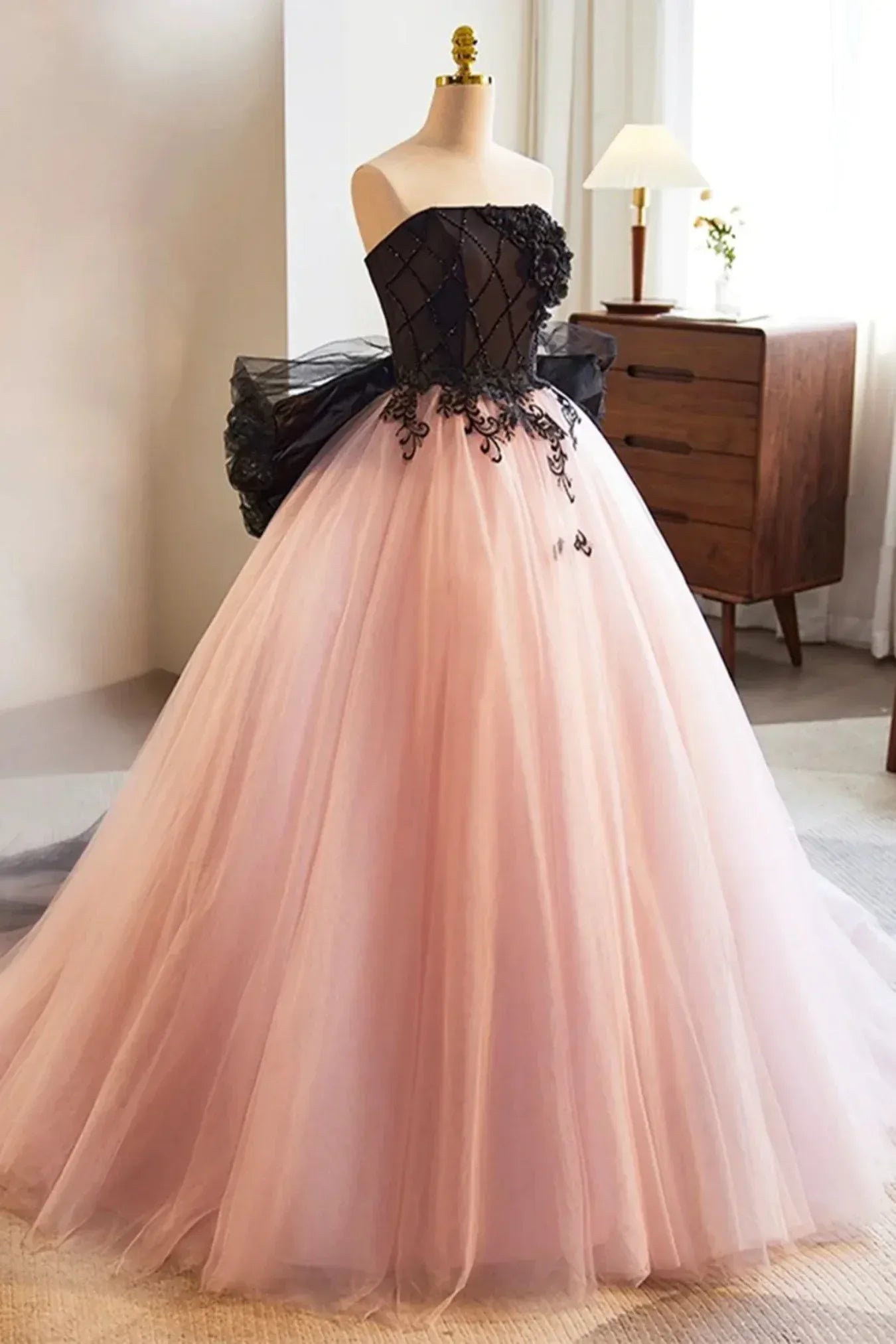 Black and Blush Pink Strapless Lace Appliqué Tulle A-Line Ball Gown with Oversized Bow
