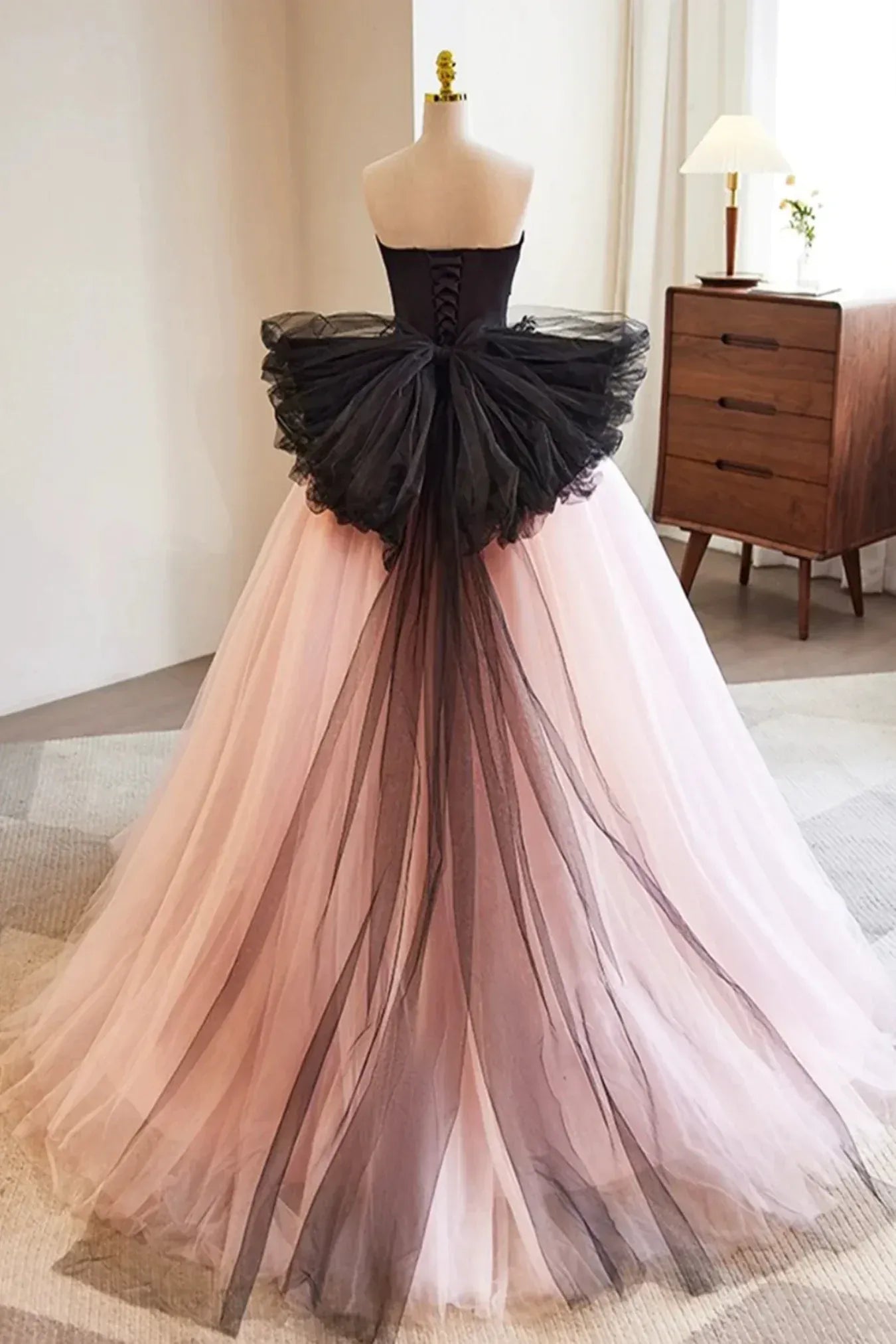 Black and Blush Pink Strapless Lace Appliqué Tulle A-Line Ball Gown with Oversized Bow