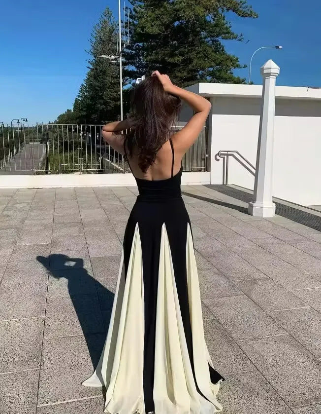 Black and White Color-Block Spaghetti-Strap A-Line Maxi Dress
