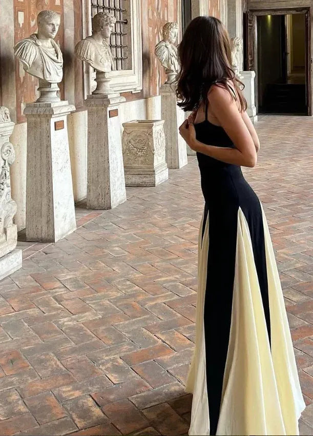 Black and White Color-Block Spaghetti-Strap A-Line Maxi Dress
